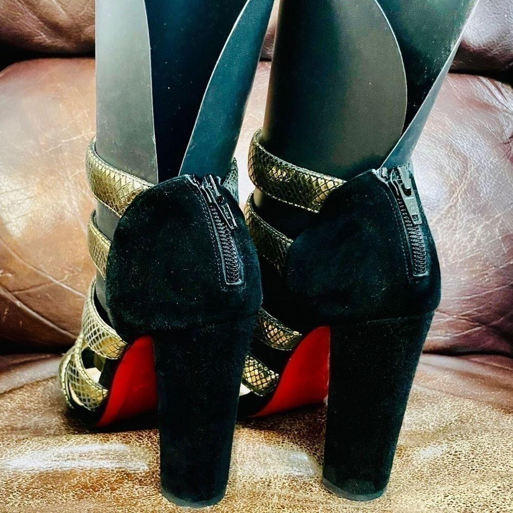 Christian Louboutin Champaign gold bandage sandals.VeauVelour blockheel EU37.5 - Picture 6 of 11